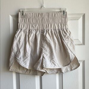Zenana Smocked High-Waist Athletic Shorts — Light Tan